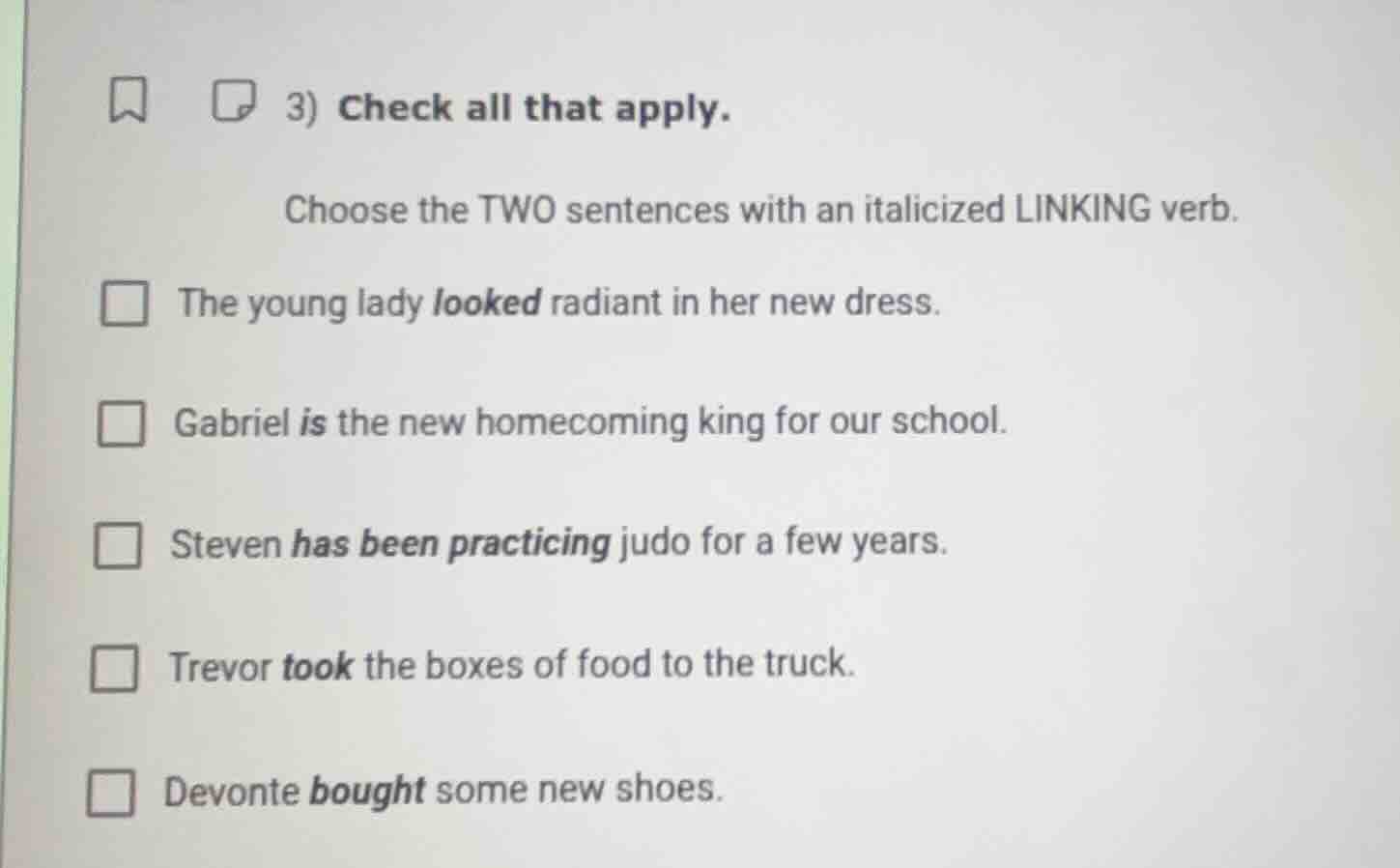 3) check all that apply. choose the two sentences with an italicized li…