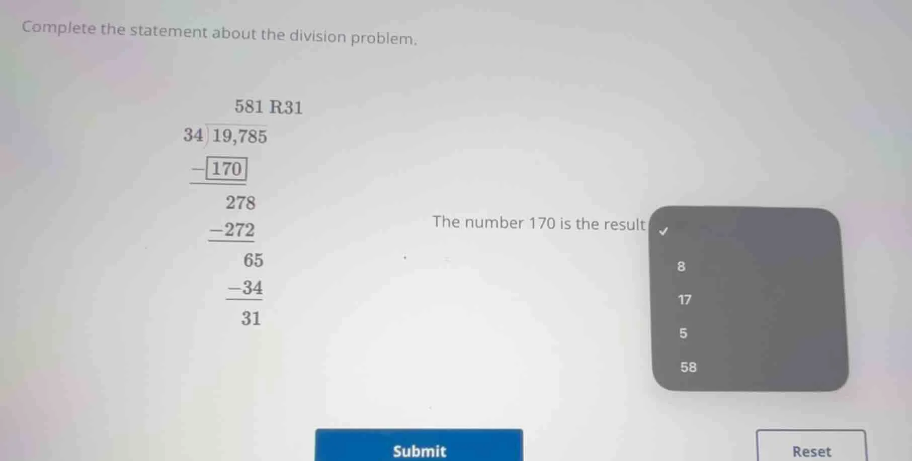 complete the statement about the division problem. \\(\\begin{array}{r}…