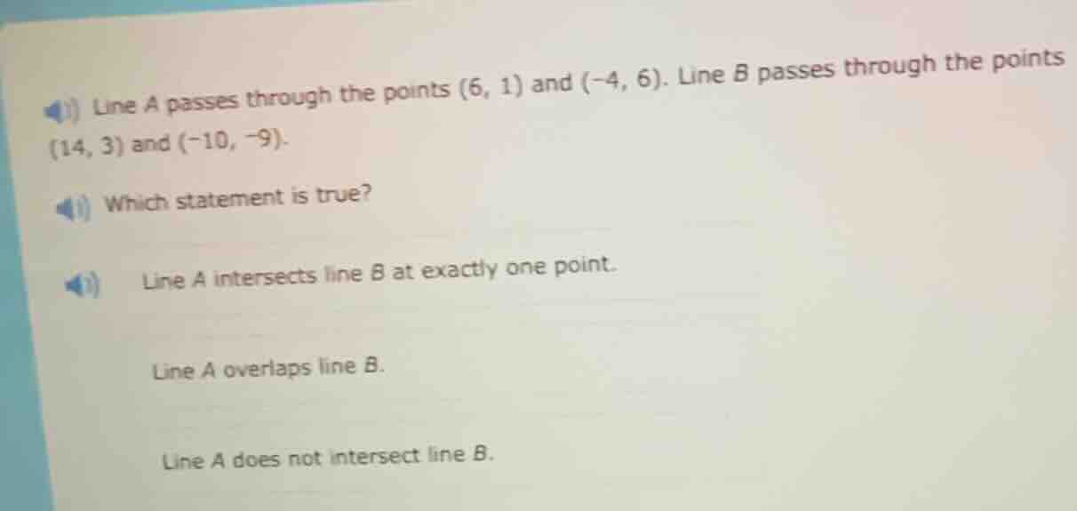 line a passes through the points (6, 1) and (-4, 6). line b passes thro…