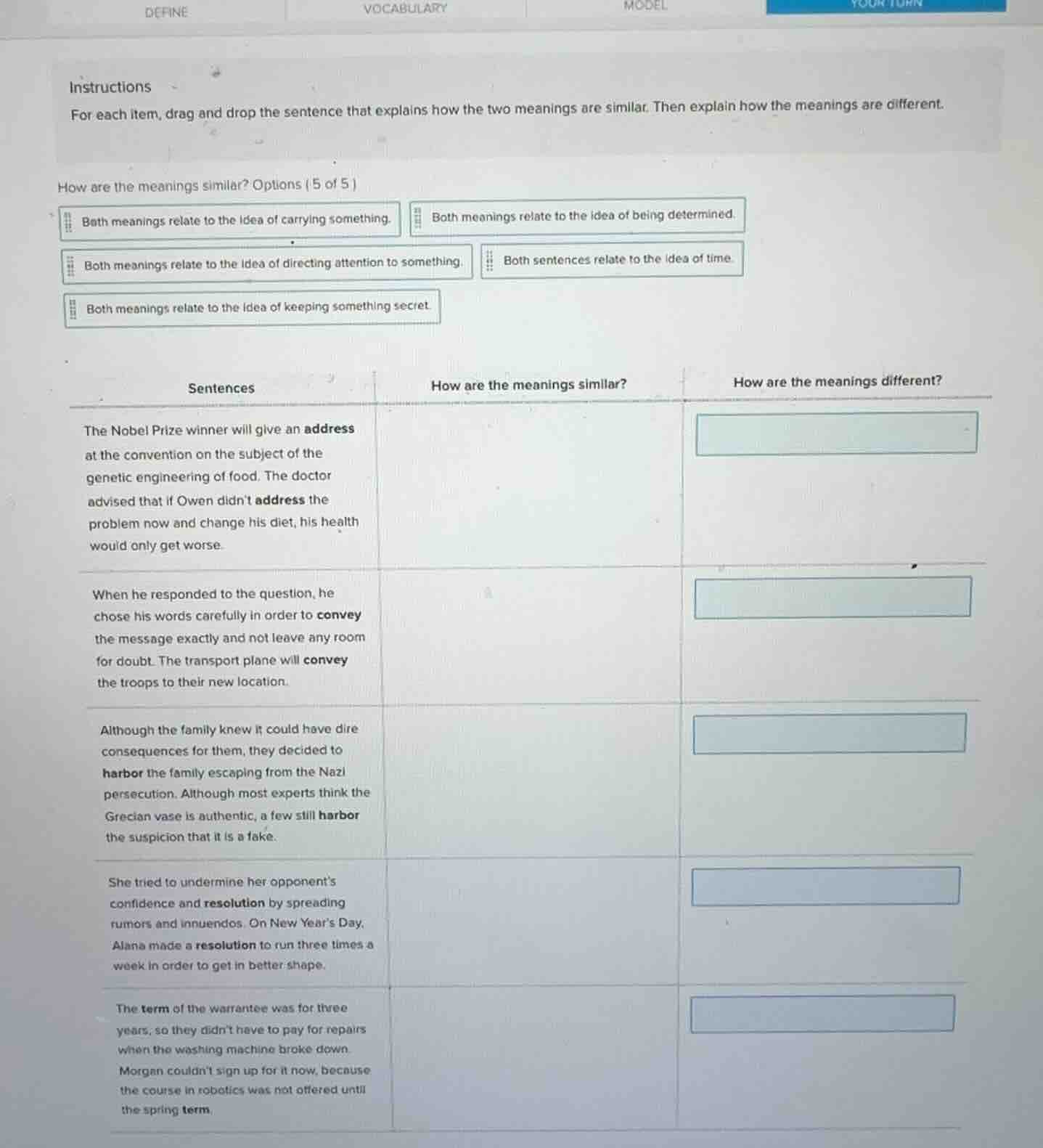 instructions for each item, drag and drop the sentence that explains ho…
