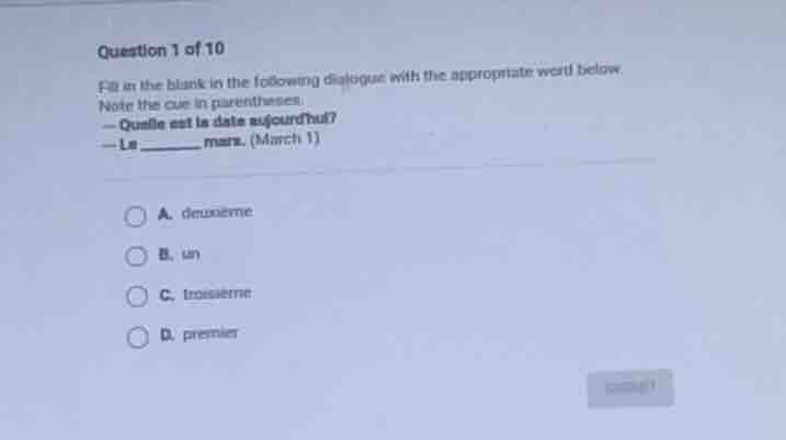 question 1 of 10 fill in the blank in the following dialogue with the a…