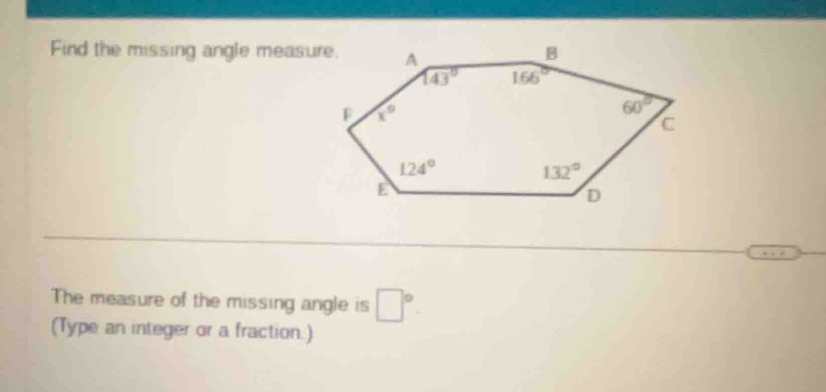 find the missing angle measure. the measure of the missing angle is \\(…