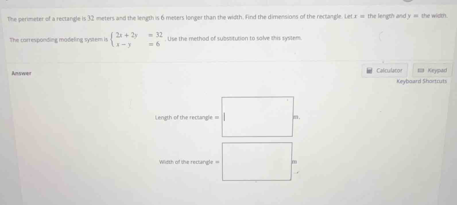 the perimeter of a rectangle is 32 meters and the length is 6 meters lo…