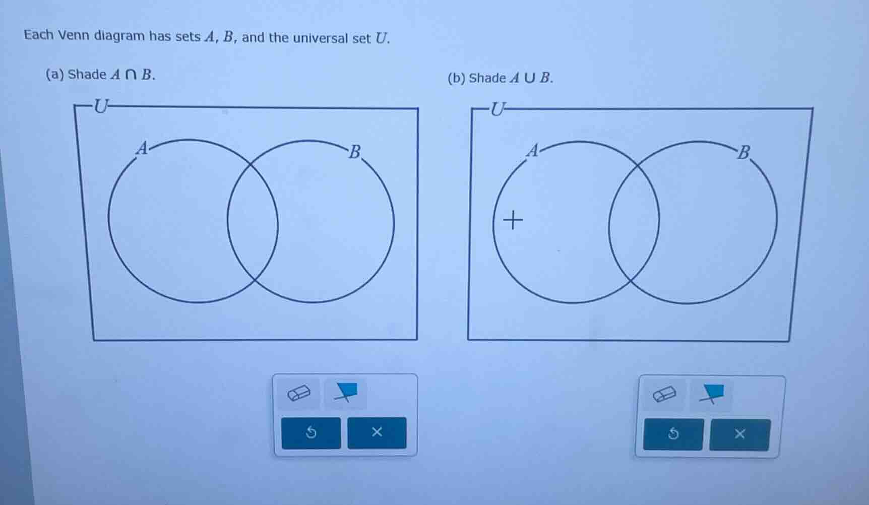each venn diagram has sets a, b, and the universal set u. (a) shade ( a…