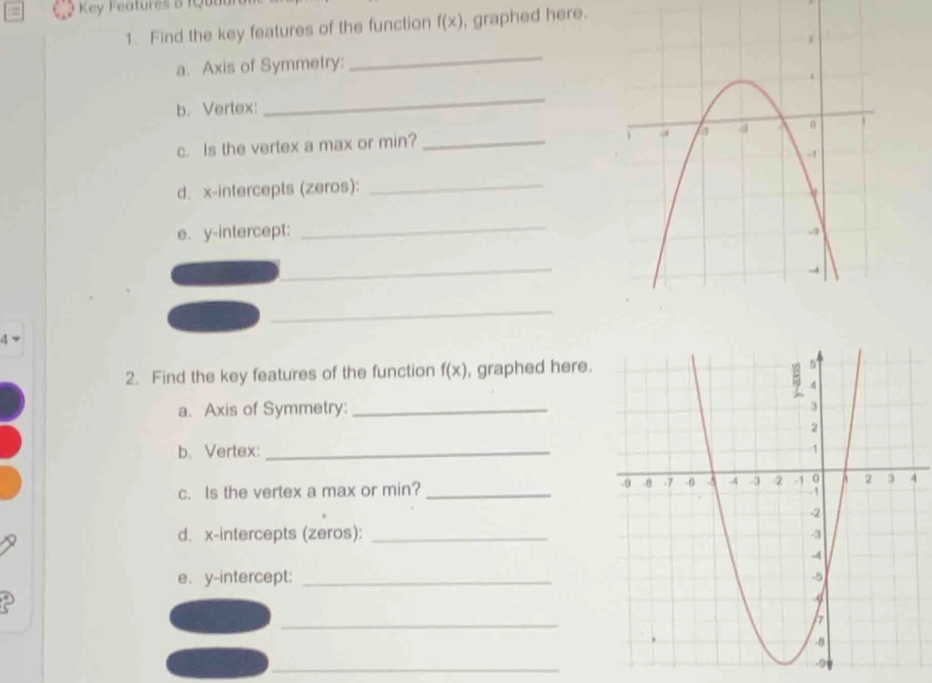 1. find the key features of the function f(x), graphed here. a. axis of…