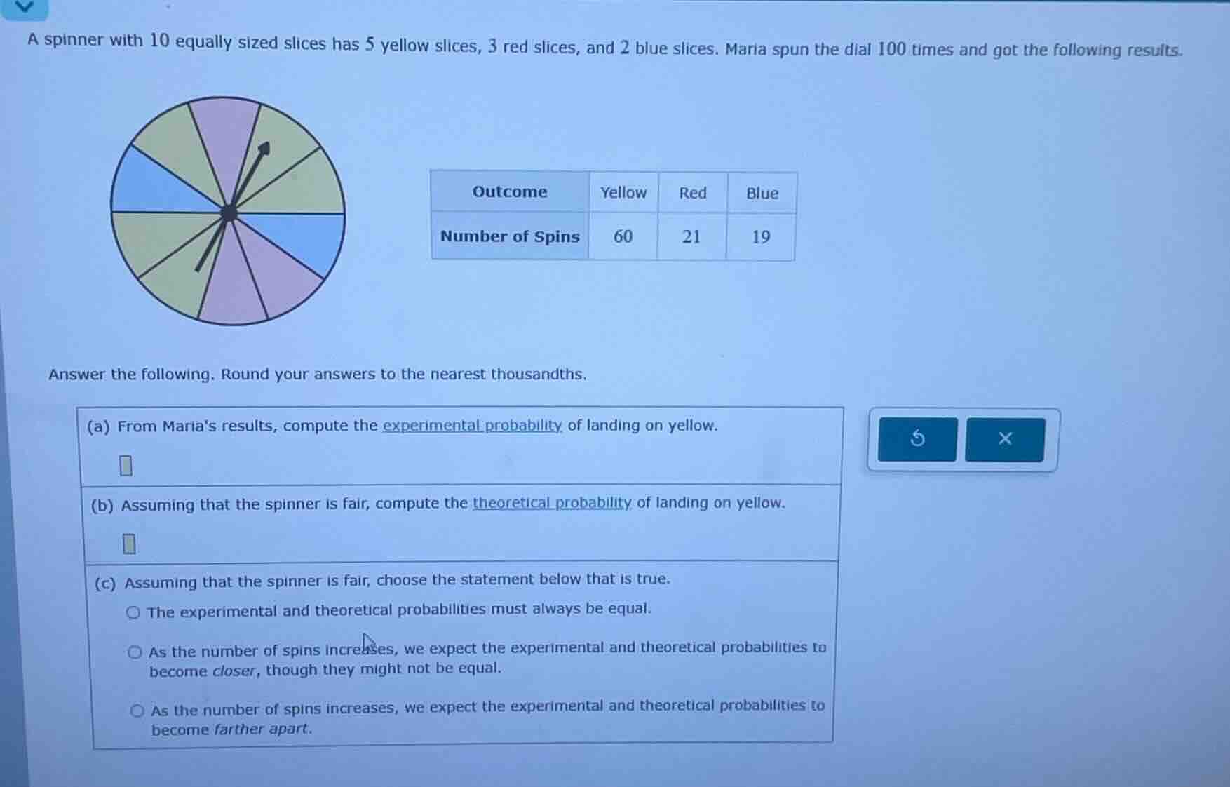 a spinner with 10 equally sized slices has 5 yellow slices, 3 red slice…