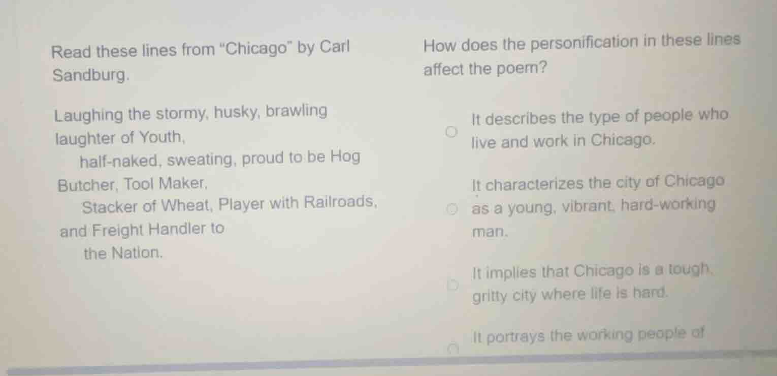 read these lines from \chicago\ by carl sandburg. laughing the stormy, …