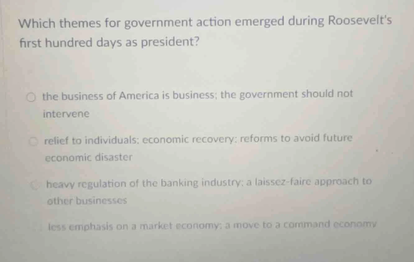 which themes for government action emerged during roosevelts first hund…