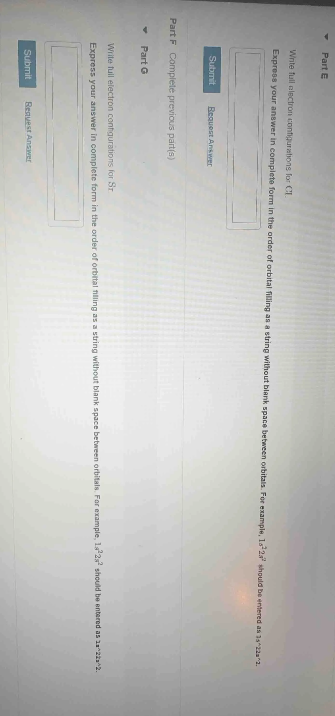 part e write full electron configurations for cl. express your answer i…