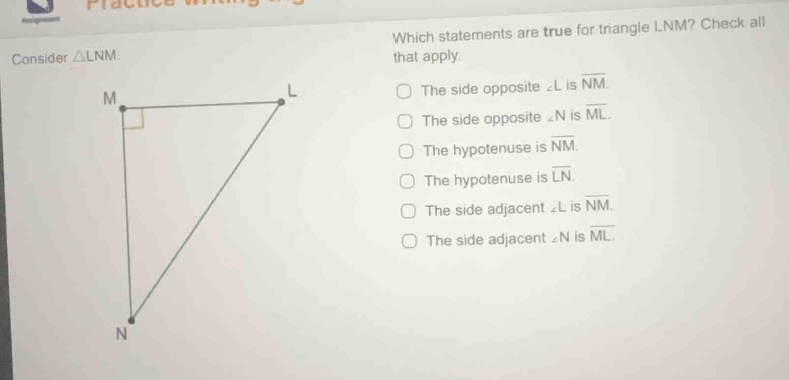 consider $\\triangle$lnm. which statements are true for triangle lnm? c…