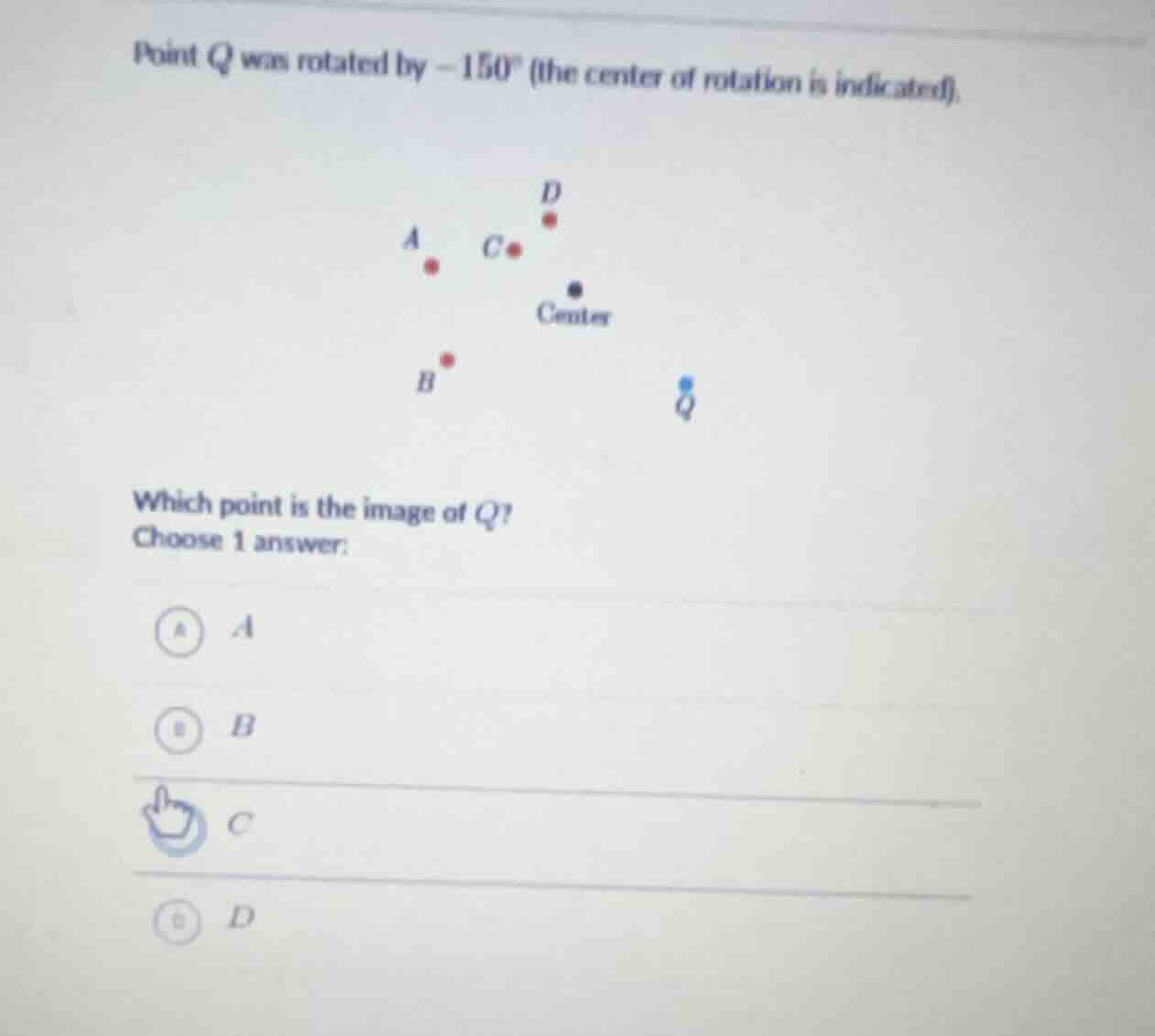 point q was rotated by $-150^circ$ (the center of rotation is indicated…