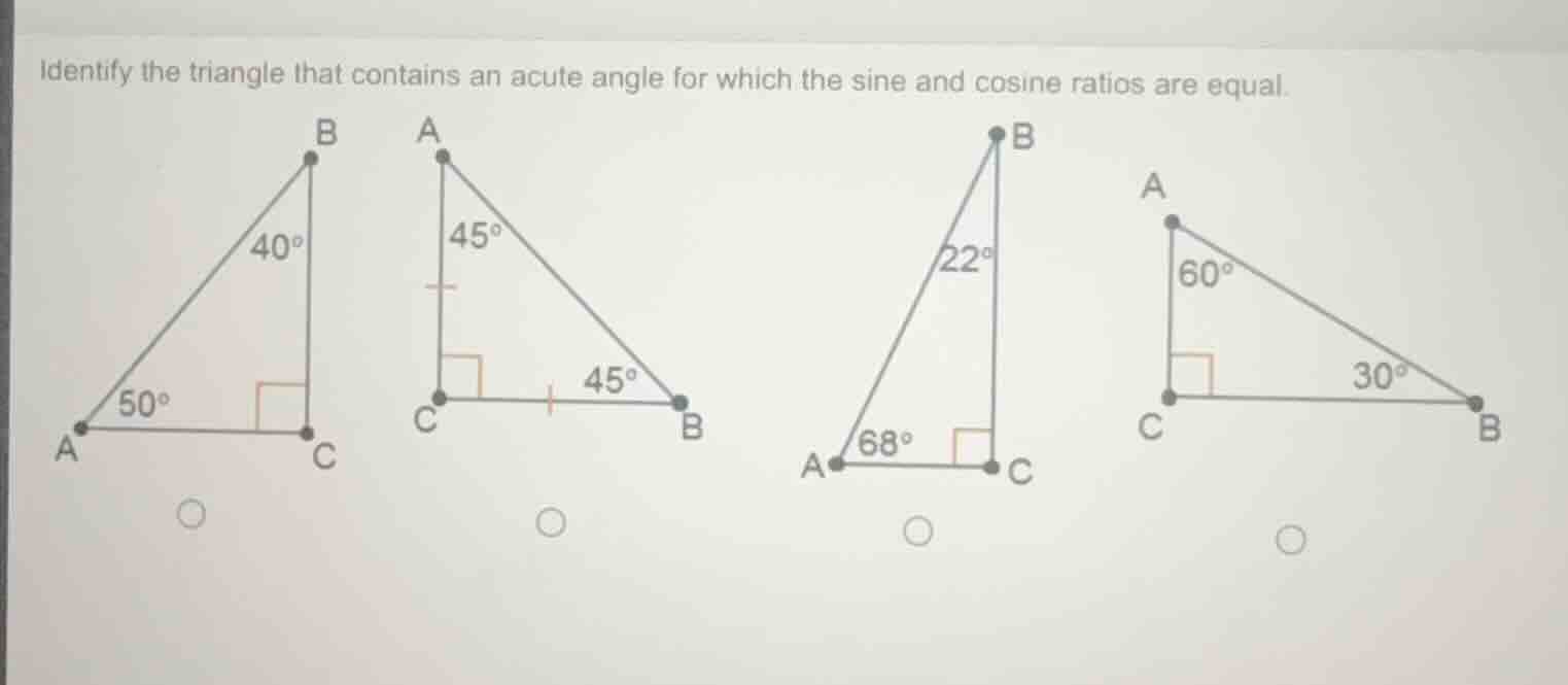 identify the triangle that contains an acute angle for which the sine a…