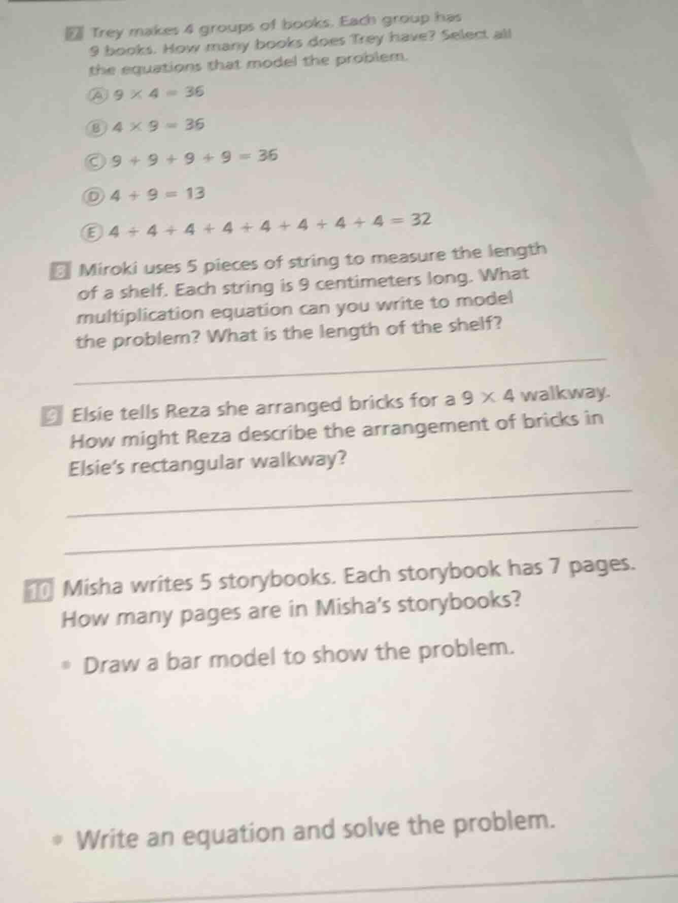 7 trey makes 4 groups of books. each group has 9 books. how many books …
