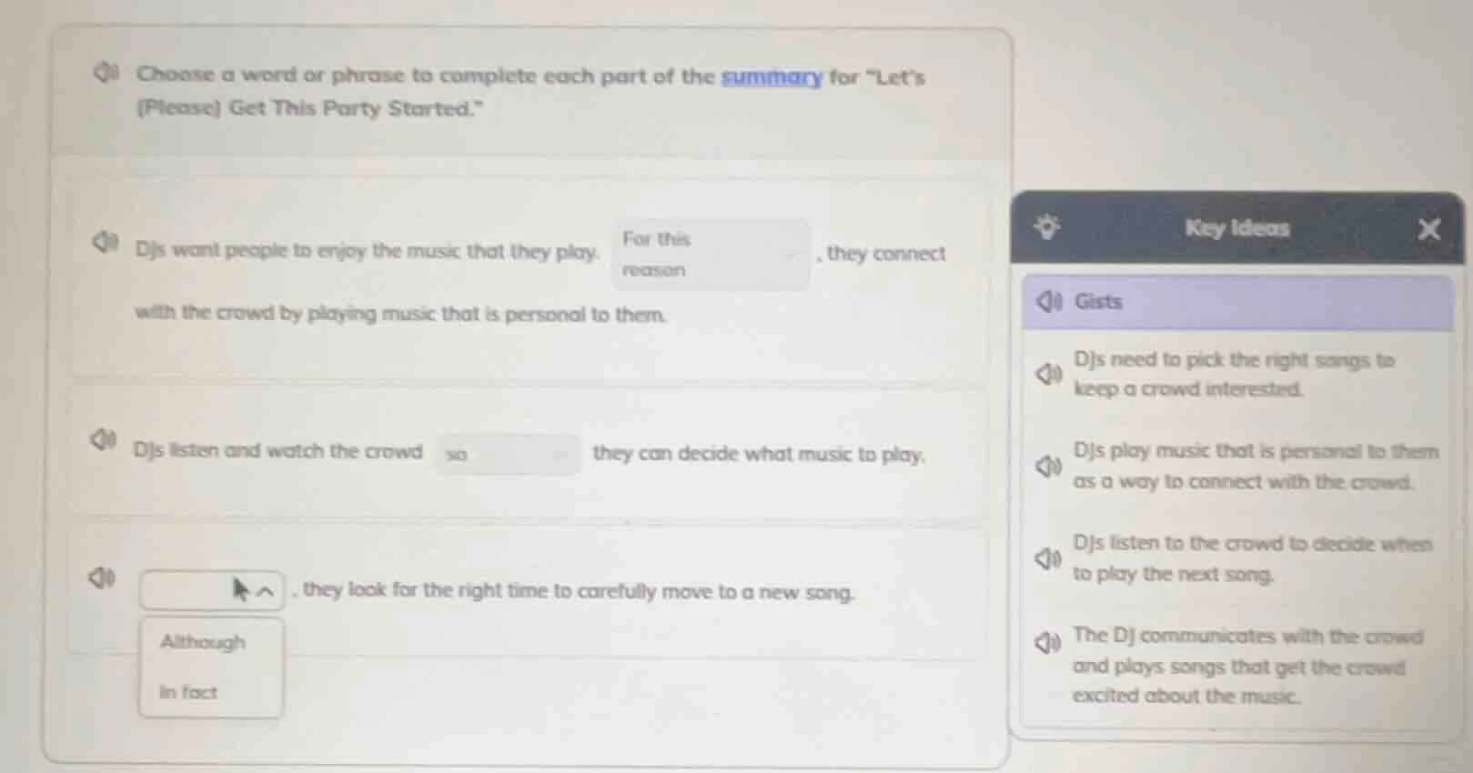 choose a word or phrase to complete each part of the summary for \lets …