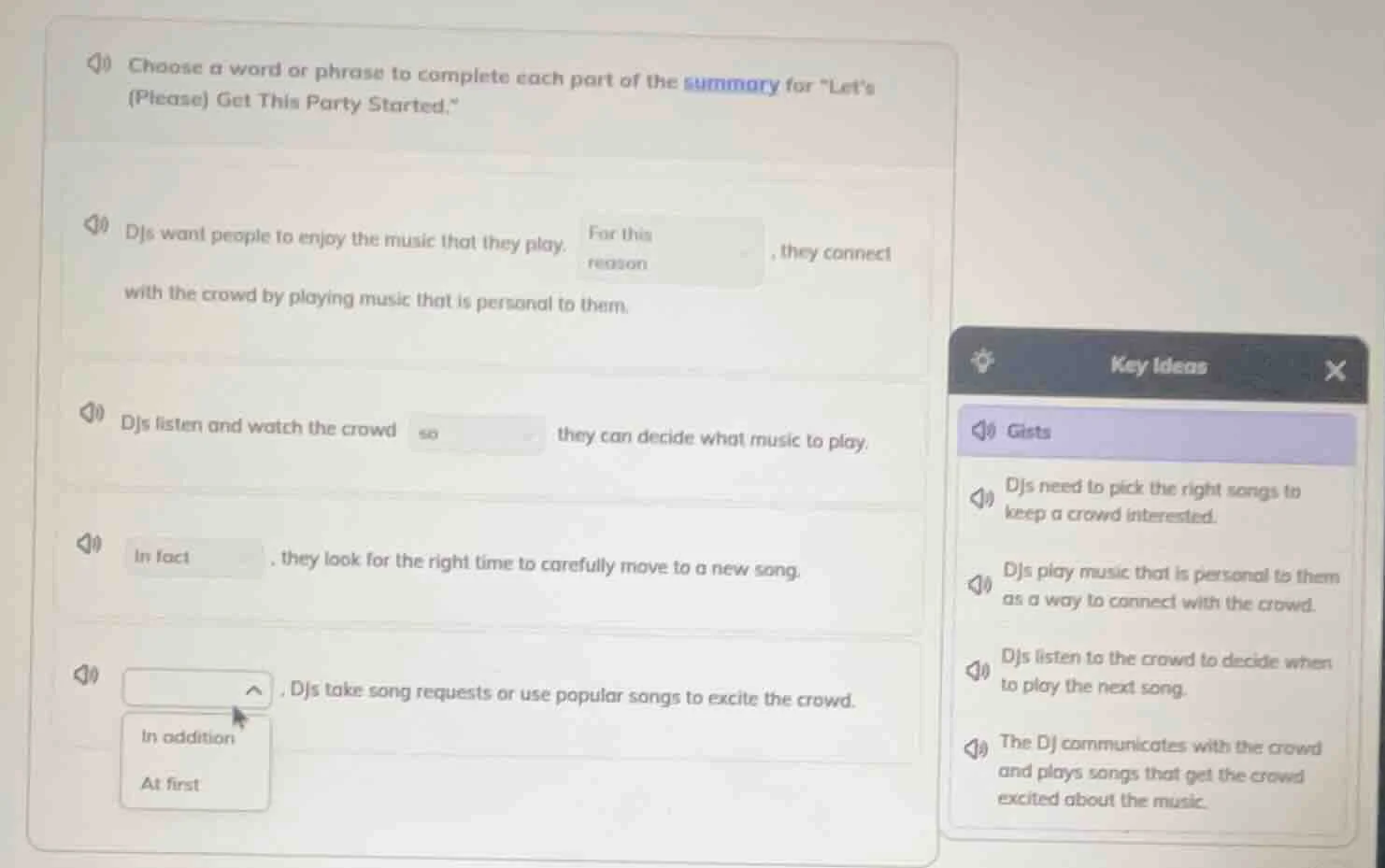 choose a word or phrase to complete each part of the summary for \lets …