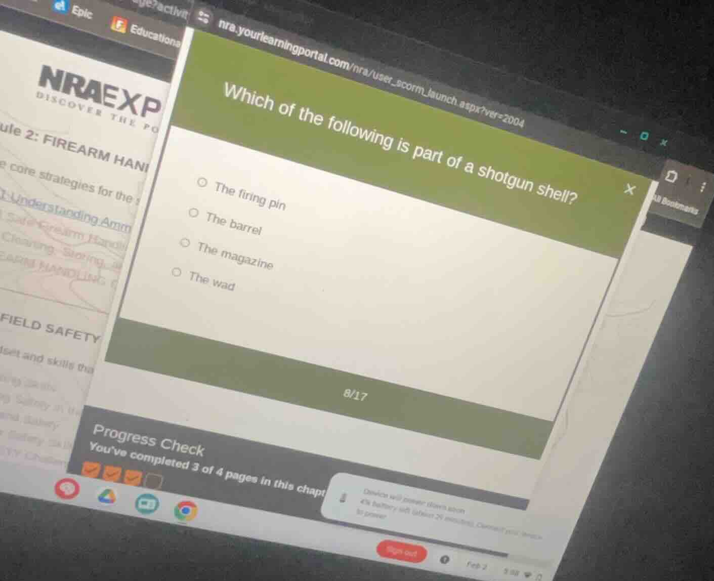 which of the following is part of a shotgun shell? the firing pin the b…