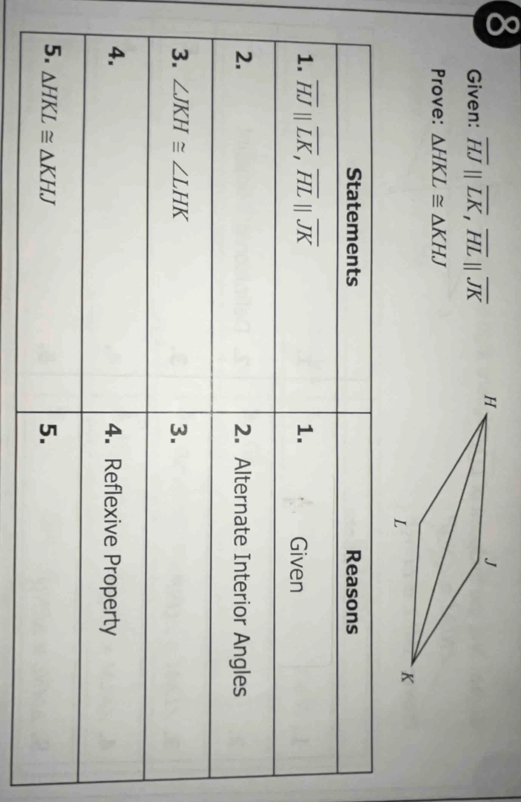 given: $overline{hj} parallel overline{lk}$, $overline{hl} parallel ove…