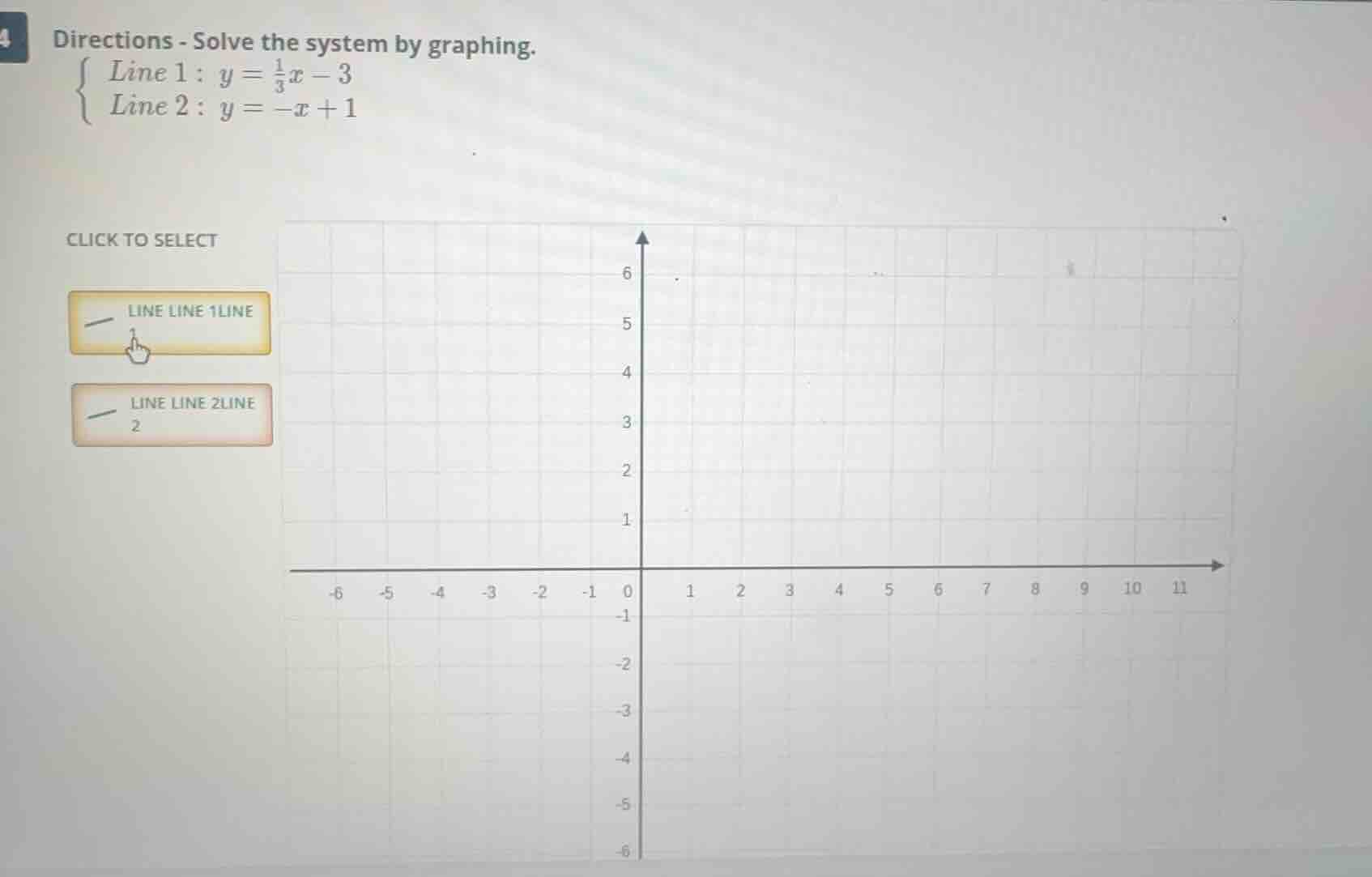 directions - solve the system by graphing. \\begin{cases} line 1: \\, y…