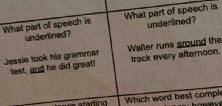 what part of speech is underlined? jessie took his grammar test, and he…