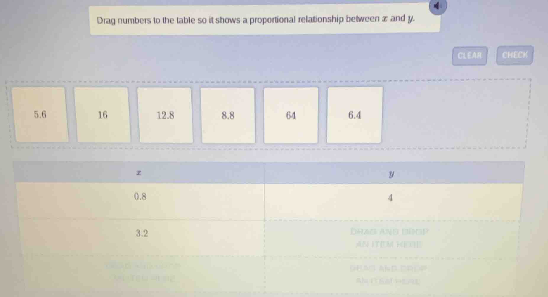 drag numbers to the table so it shows a proportional relationship betwe…