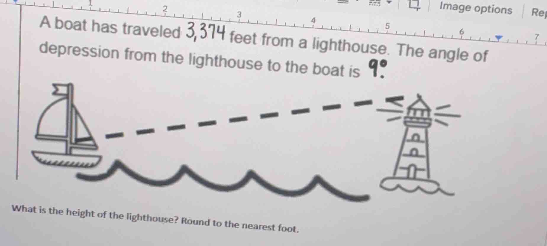 a boat has traveled 3,374 feet from a lighthouse. the angle of depressi…