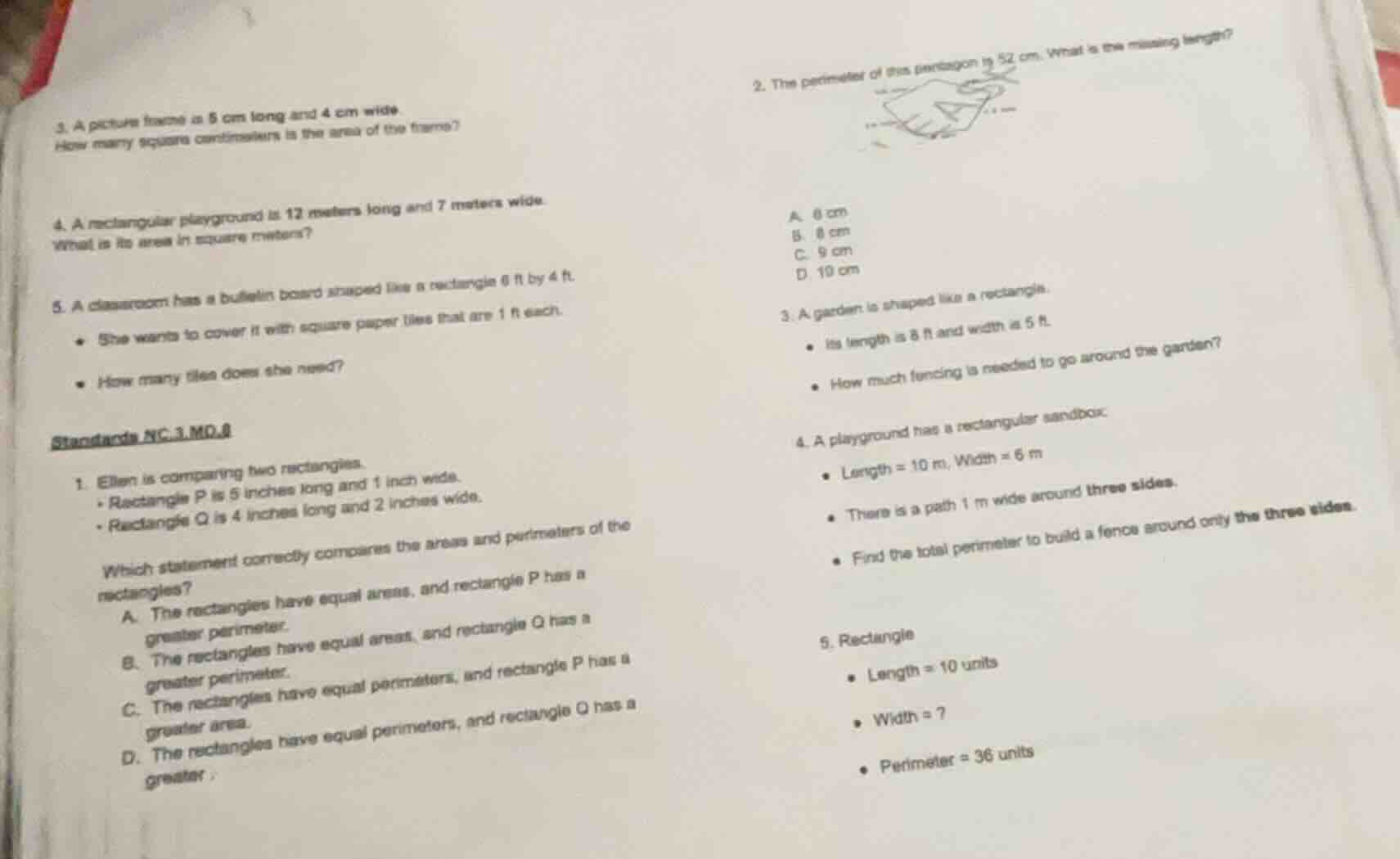 3. a picture frame is 5 cm long and 4 cm wide. how many square centimet…