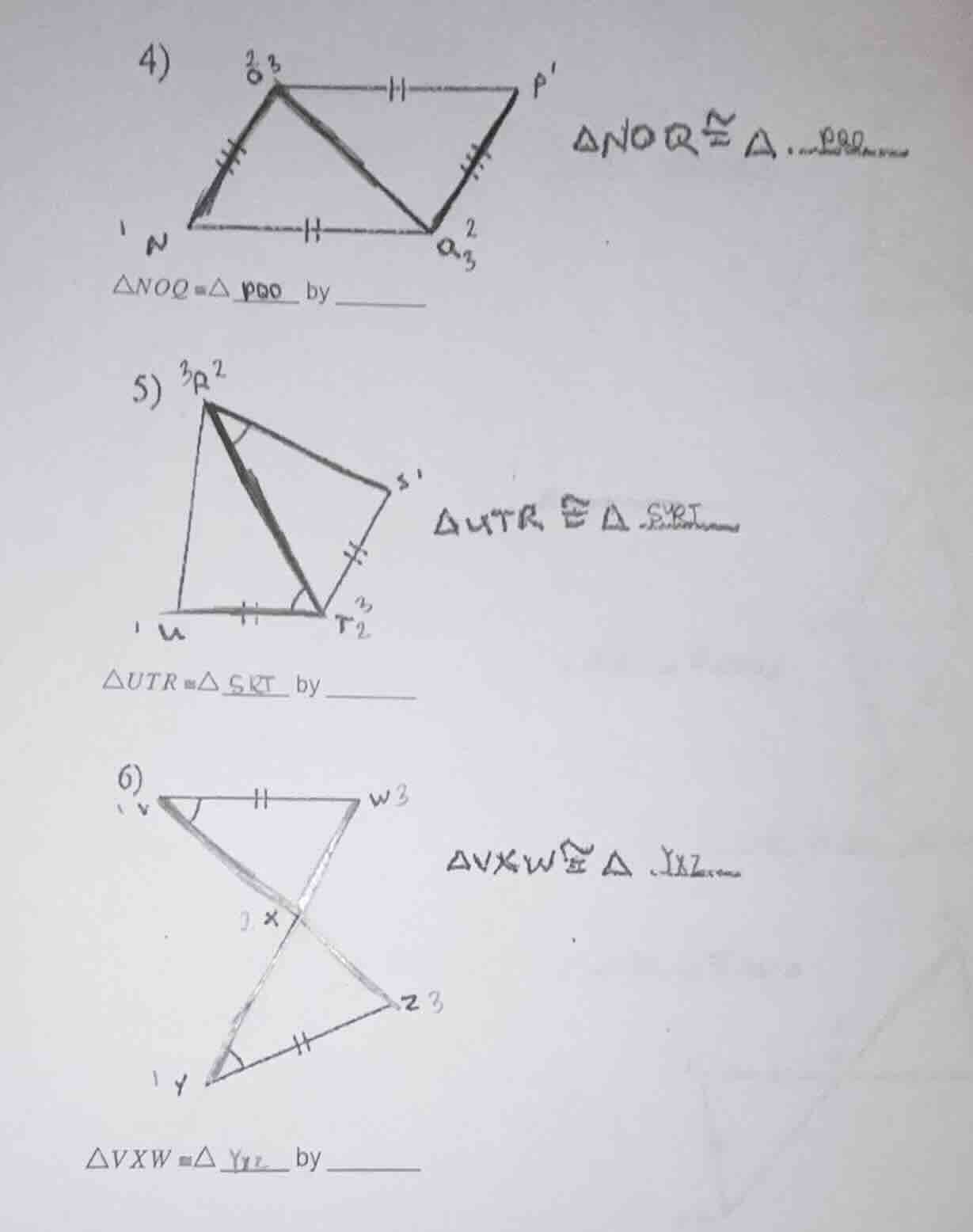 4) $\triangle noq cong \triangle$ ___ by ____ 5) $\triangle utr cong \t…