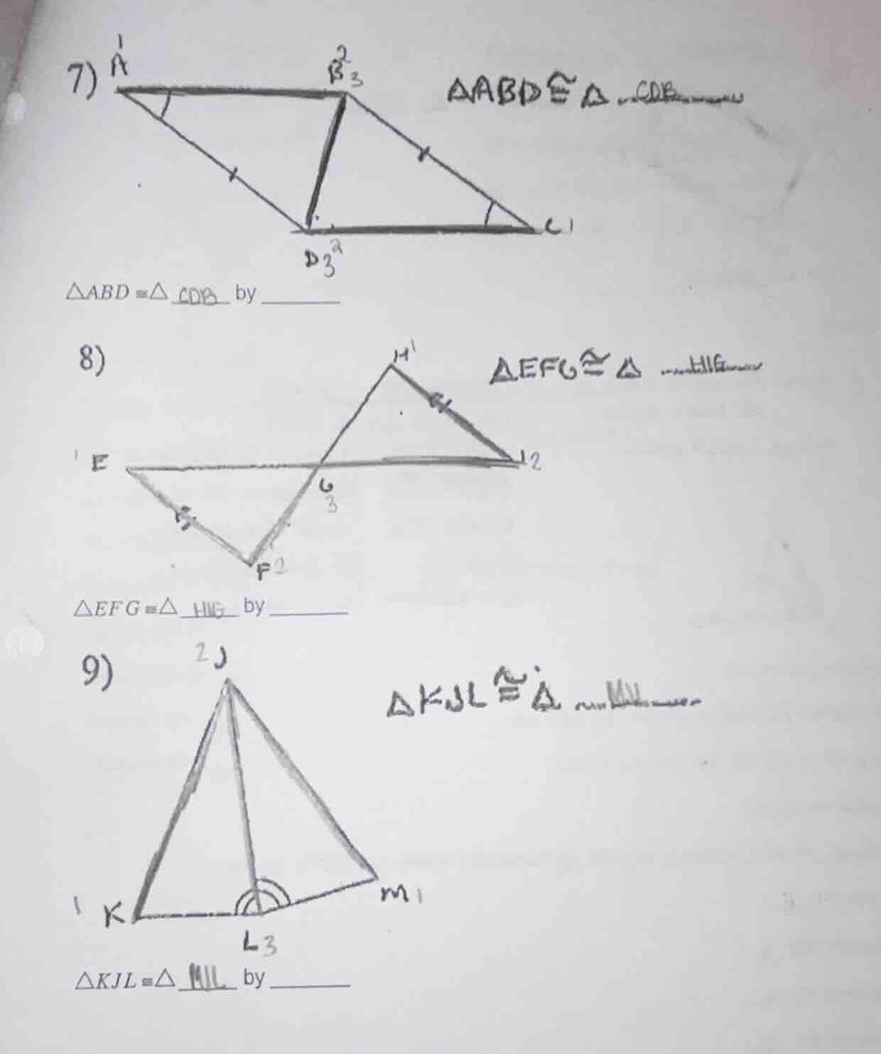 7) $\\triangle abd \\cong \\triangle \\underline{cdb}$ by ______ 8) $\\…
