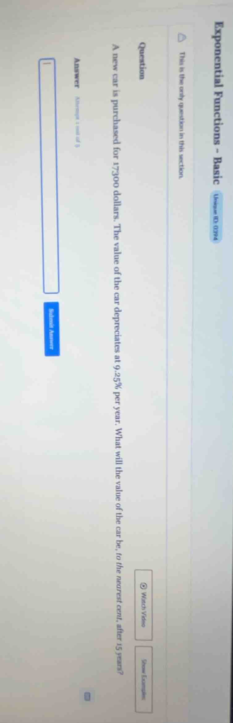 a new car is purchased for 17300 dollars. the value of the car deprecia…