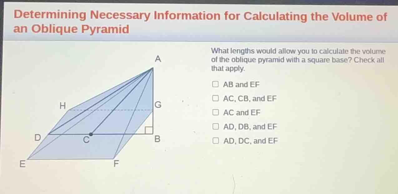 determining necessary information for calculating the volume of an obli…