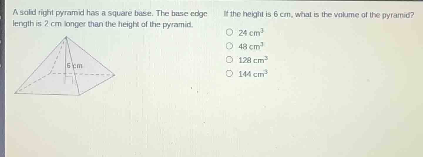 a solid right pyramid has a square base. the base edge length is 2 cm l…