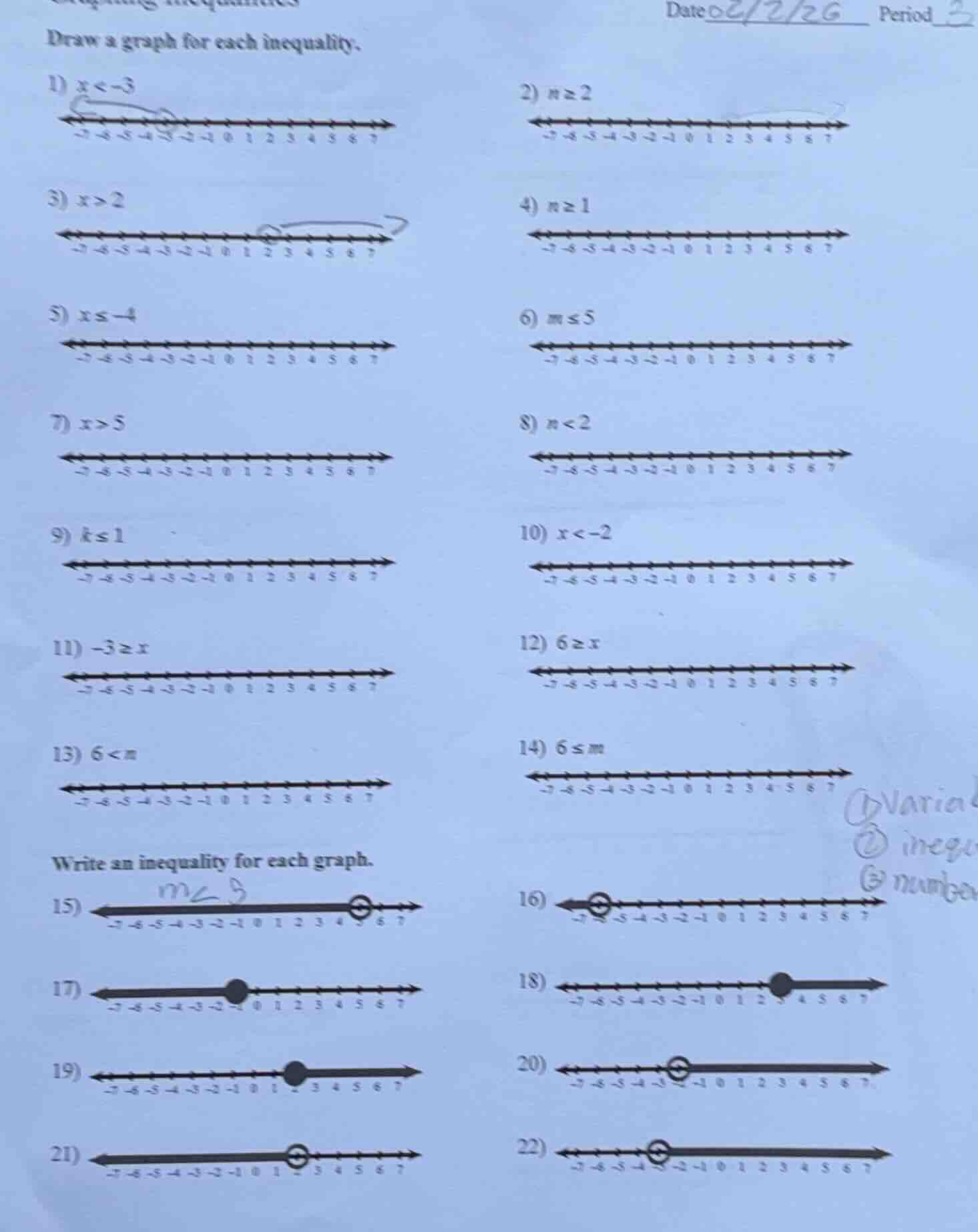 date 02/2/26 period 3 draw a graph for each inequality. 1) ( x < -3 ) 2…