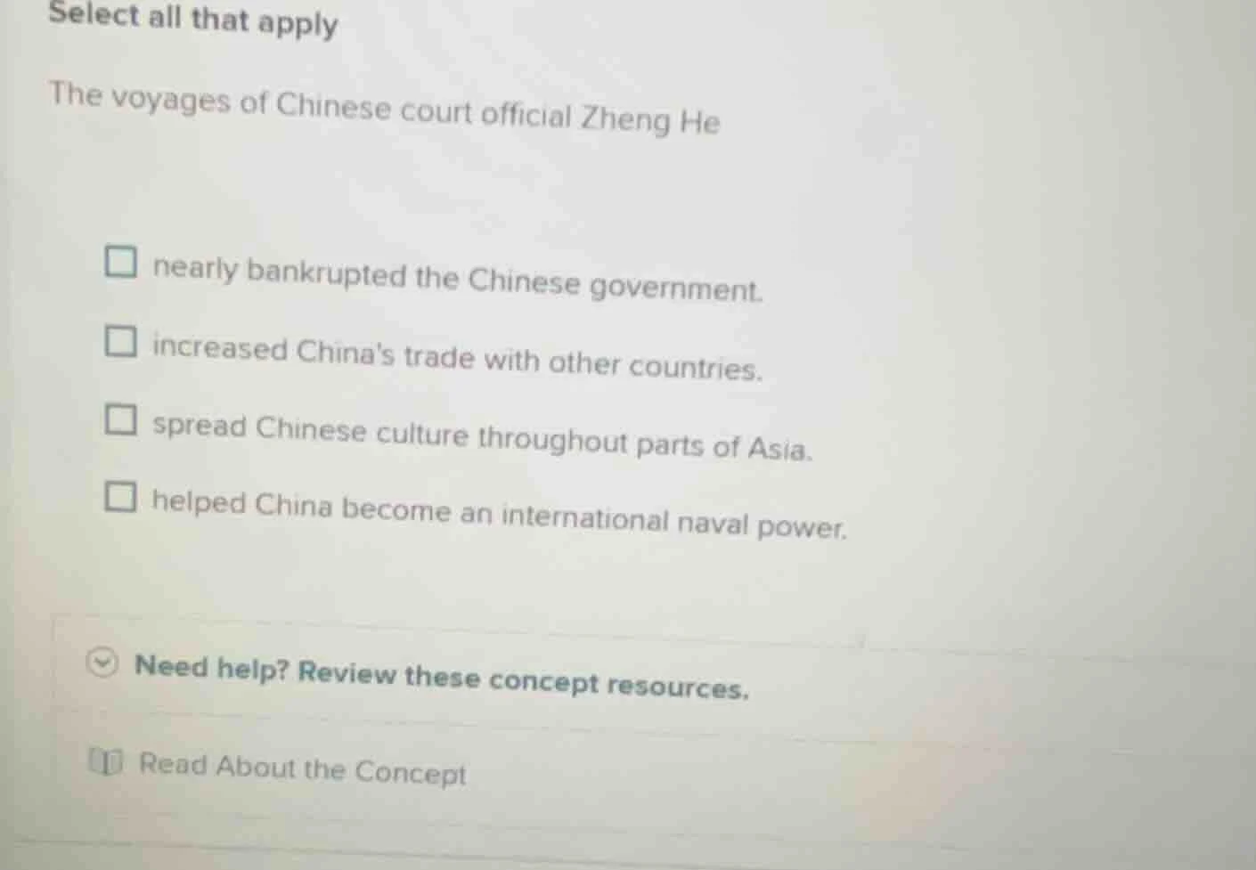 select all that apply the voyages of chinese court official zheng he □ …