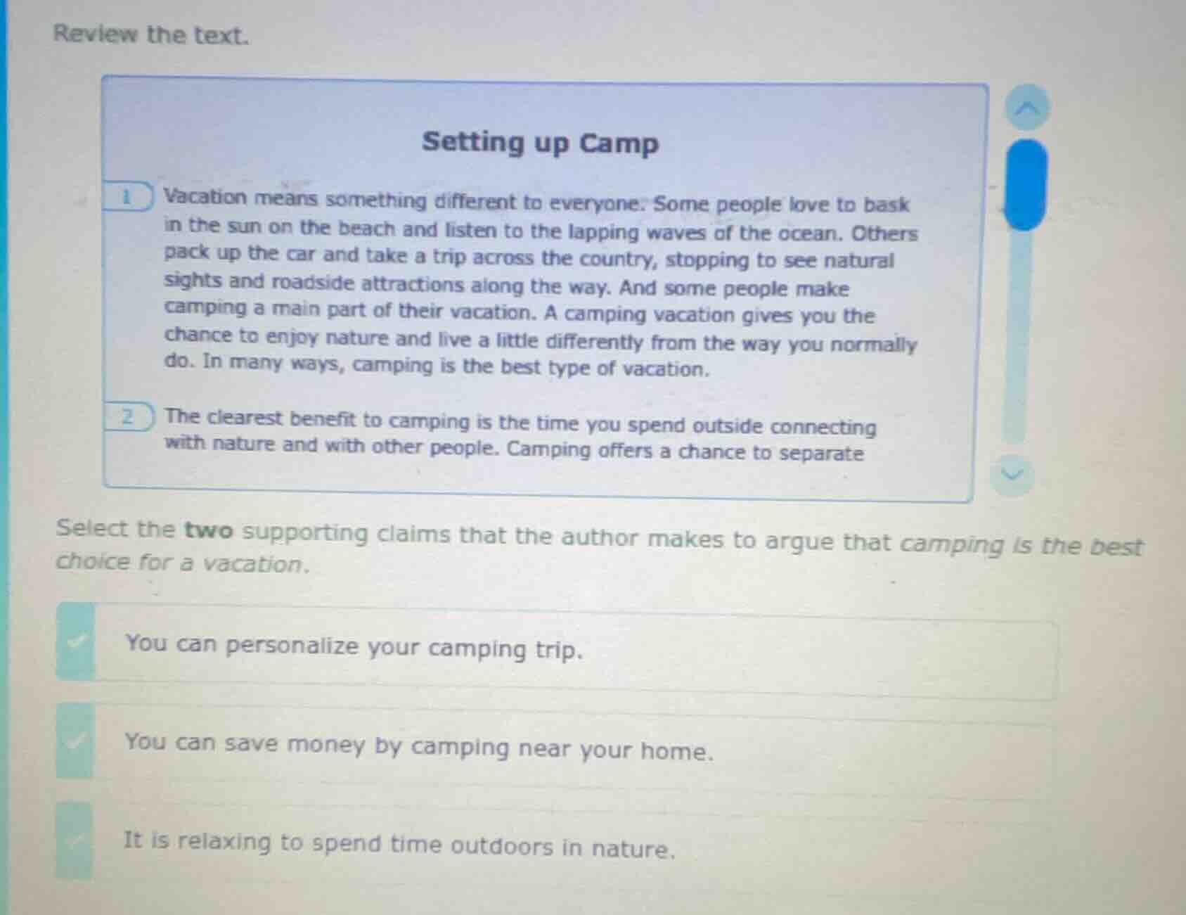 review the text. setting up camp 1 vacation means something different t…