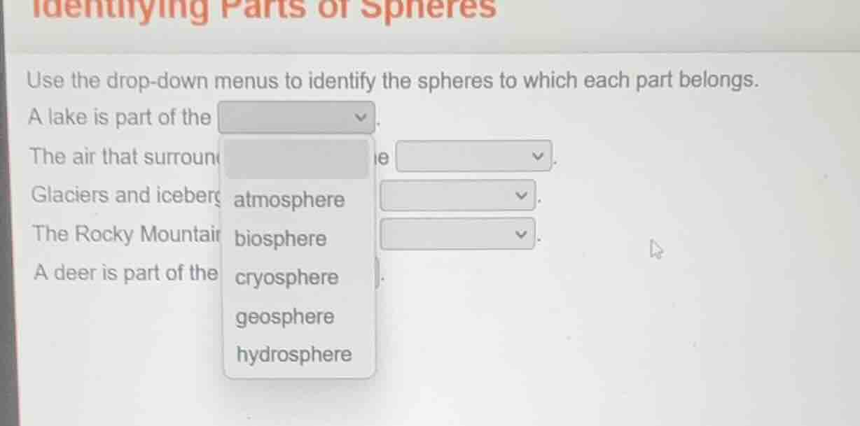 identifying parts of spheres use the drop - down menus to identify the …