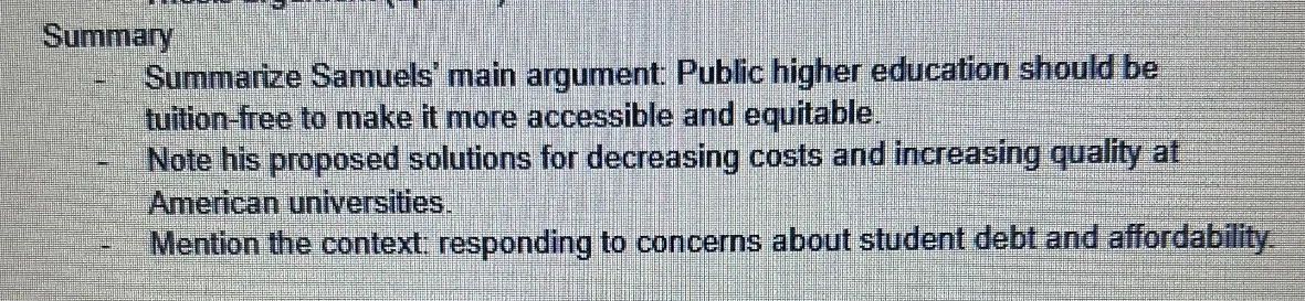 summary - summarize samuels main argument: public higher education shou…