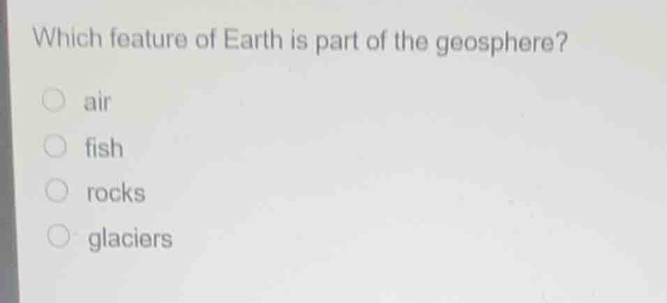 which feature of earth is part of the geosphere? air fish rocks glaciers