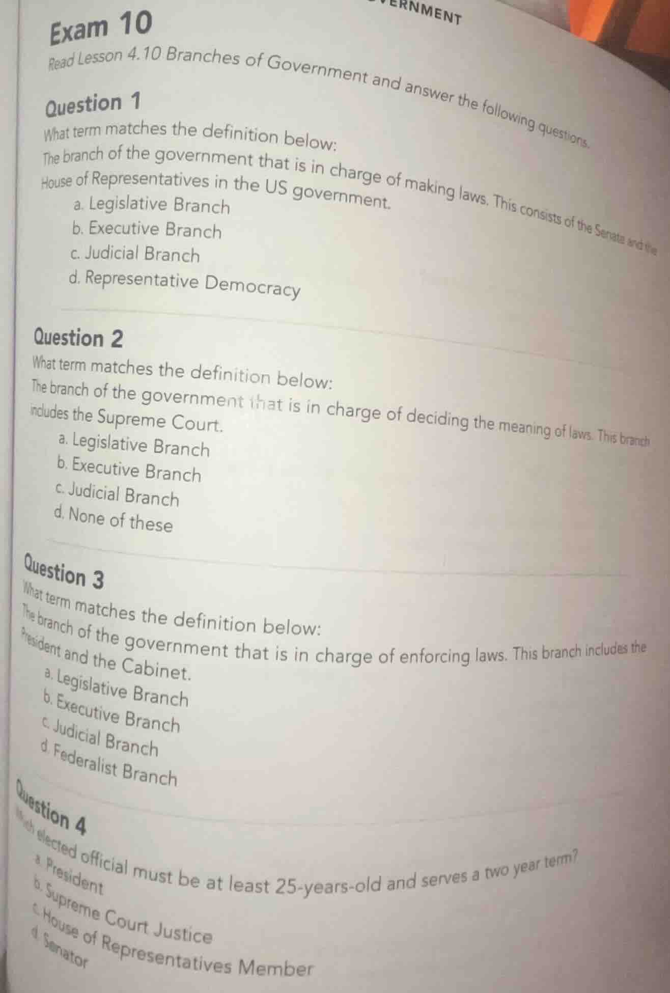 exam 10 read lesson 4.10 branches of government and answer the followin…