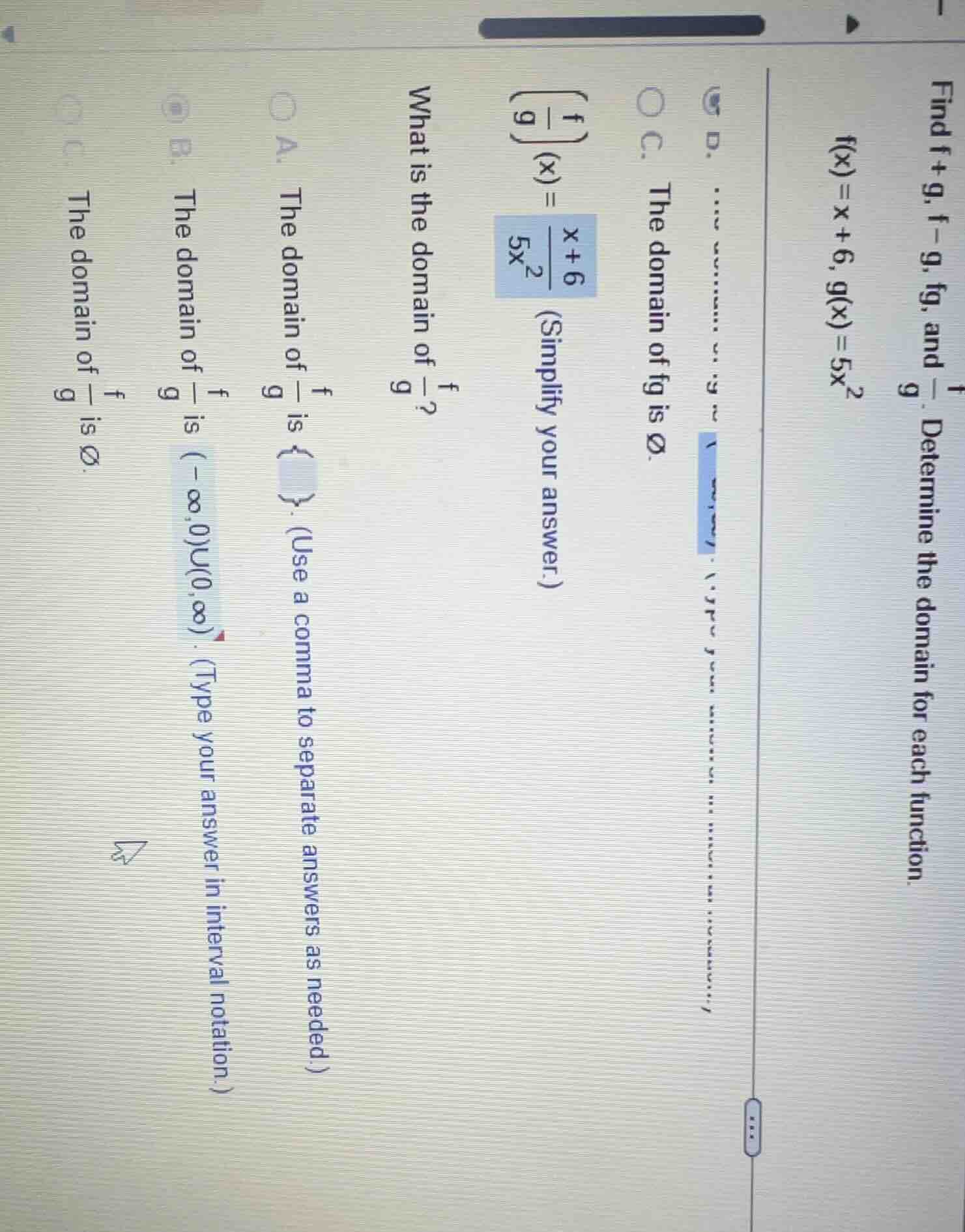 find f+g, f−g, fg, and \\(\\frac{f}{g}\\). determine the domain for eac…