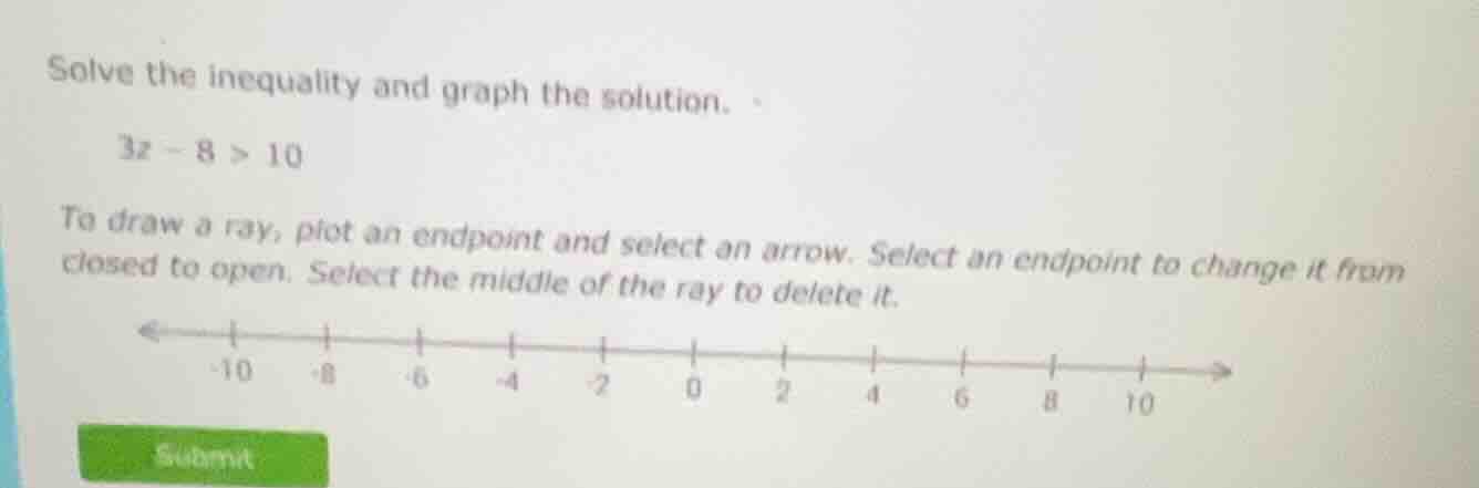solve the inequality and graph the solution. 3z - 8 > 10 to draw a ray,…