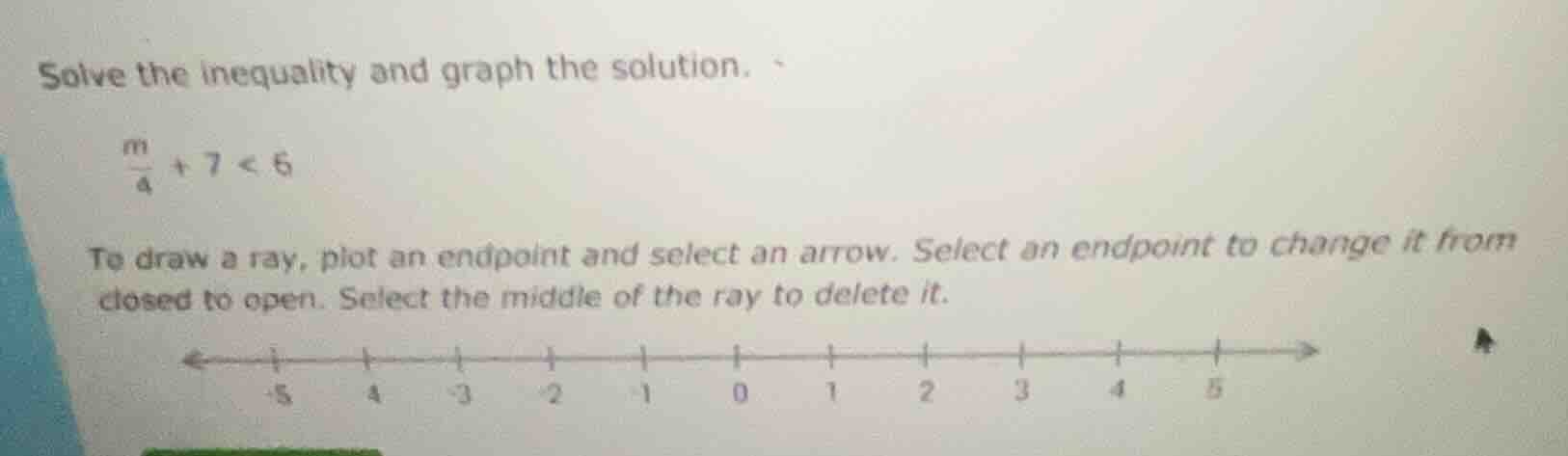 solve the inequality and graph the solution. \\(\frac{m}{4} + 7 < 6\\) …