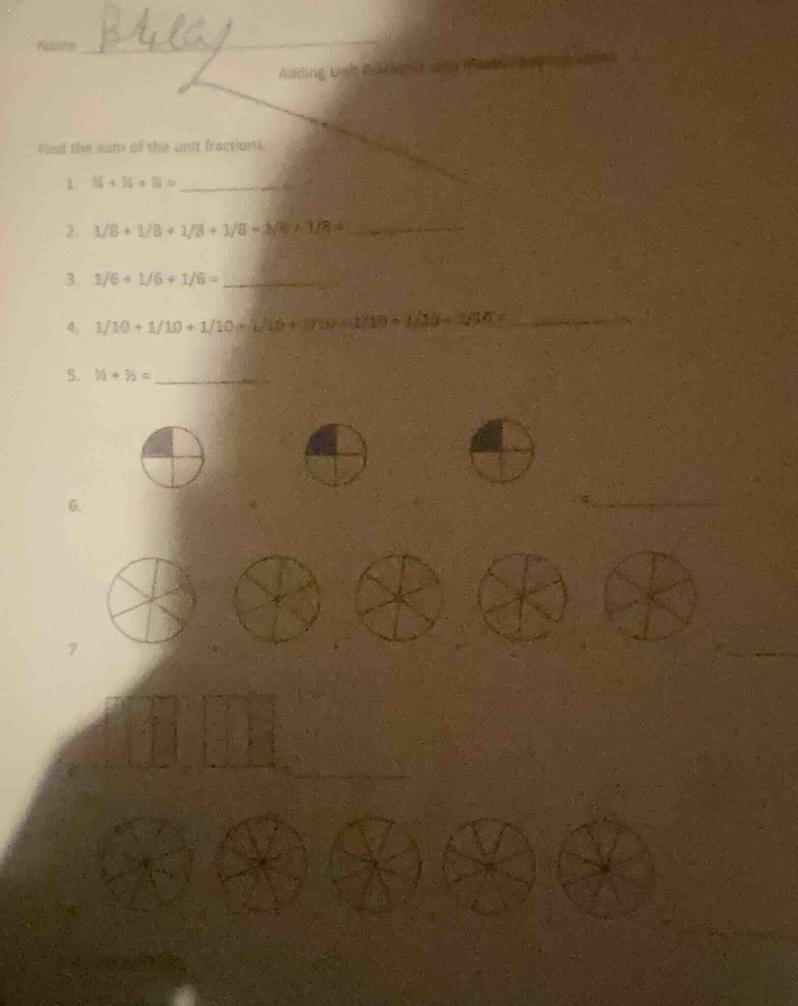 find the sum of the unit fractions. 1. 1/4 + 1/4 + 1/4 = 2. 1/8 + 1/8 +…