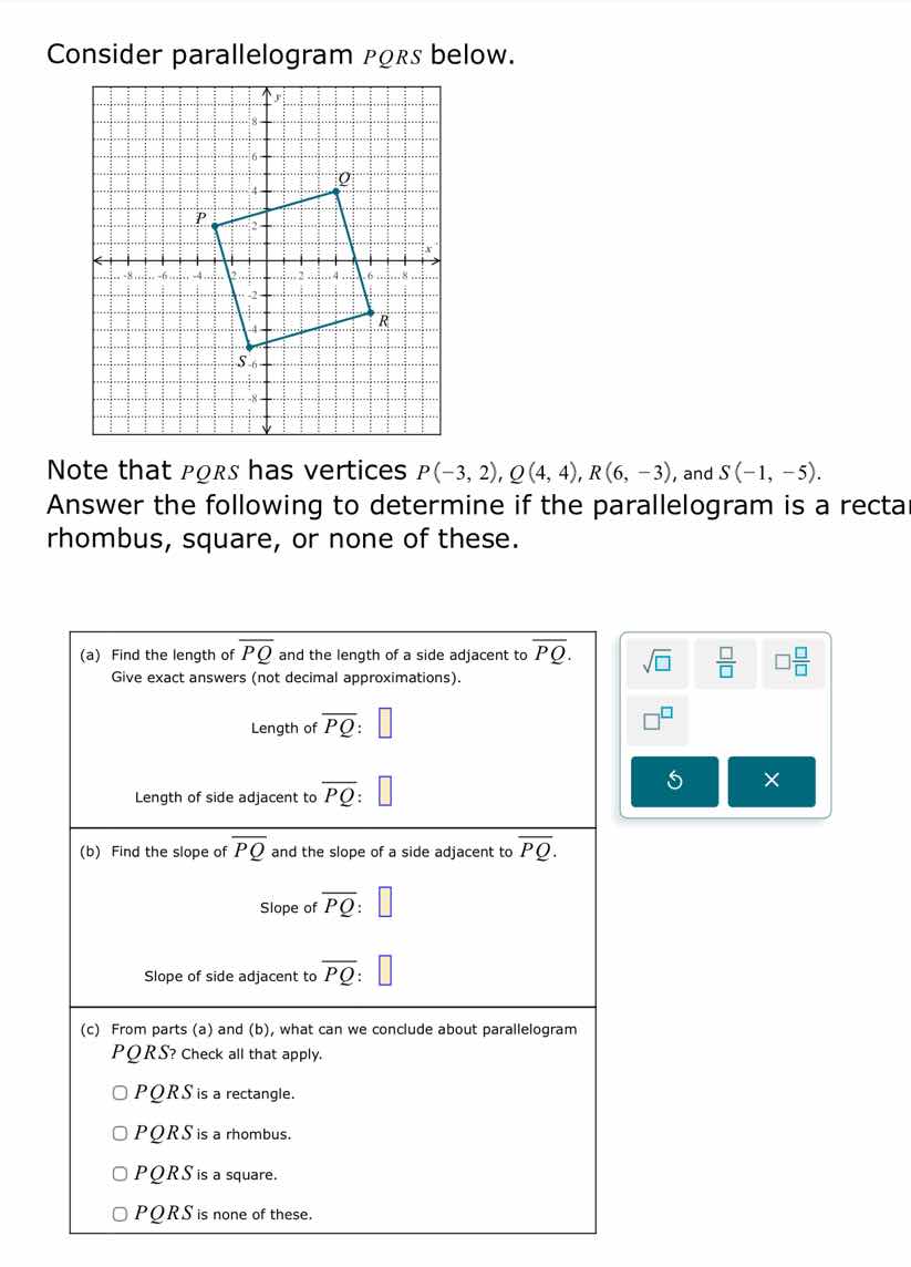 consider parallelogram pqrs below. note that pqrs has vertices ( p(-3, …