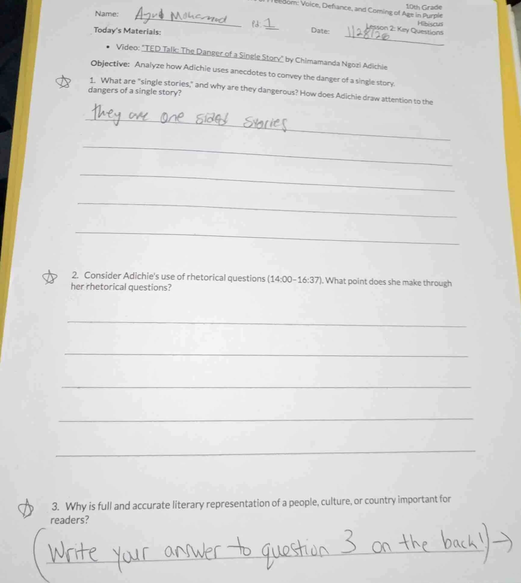 10th grade om: voice, defiance, and coming of age in purple hibiscus le…