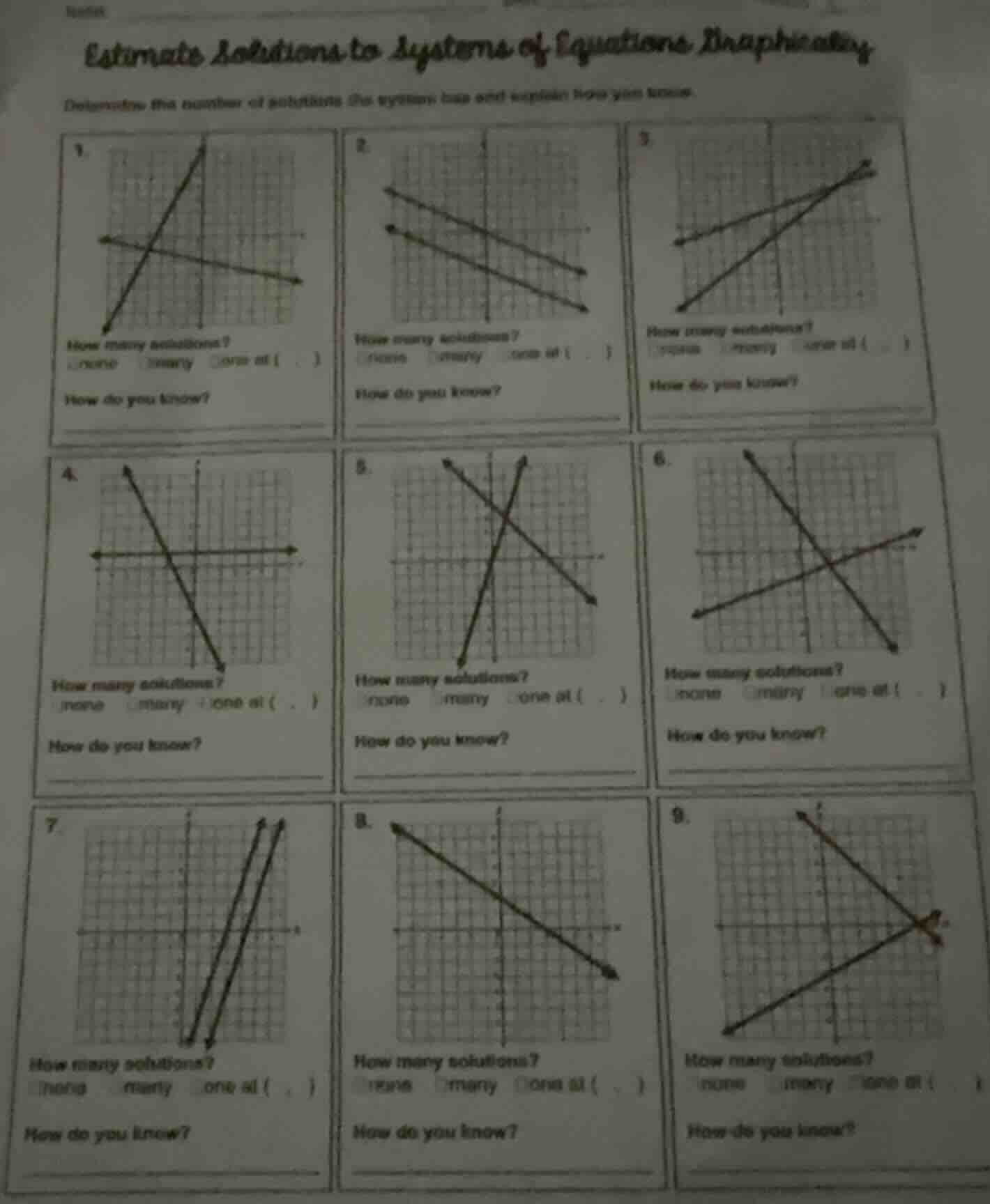 estimate solutions to systems of equations graphically determine the nu…