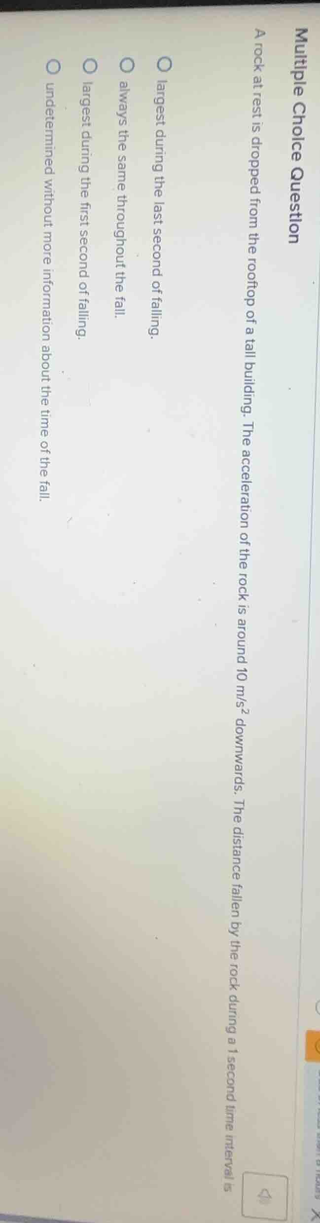 multiple choice question a rock at rest is dropped from the rooftop of …