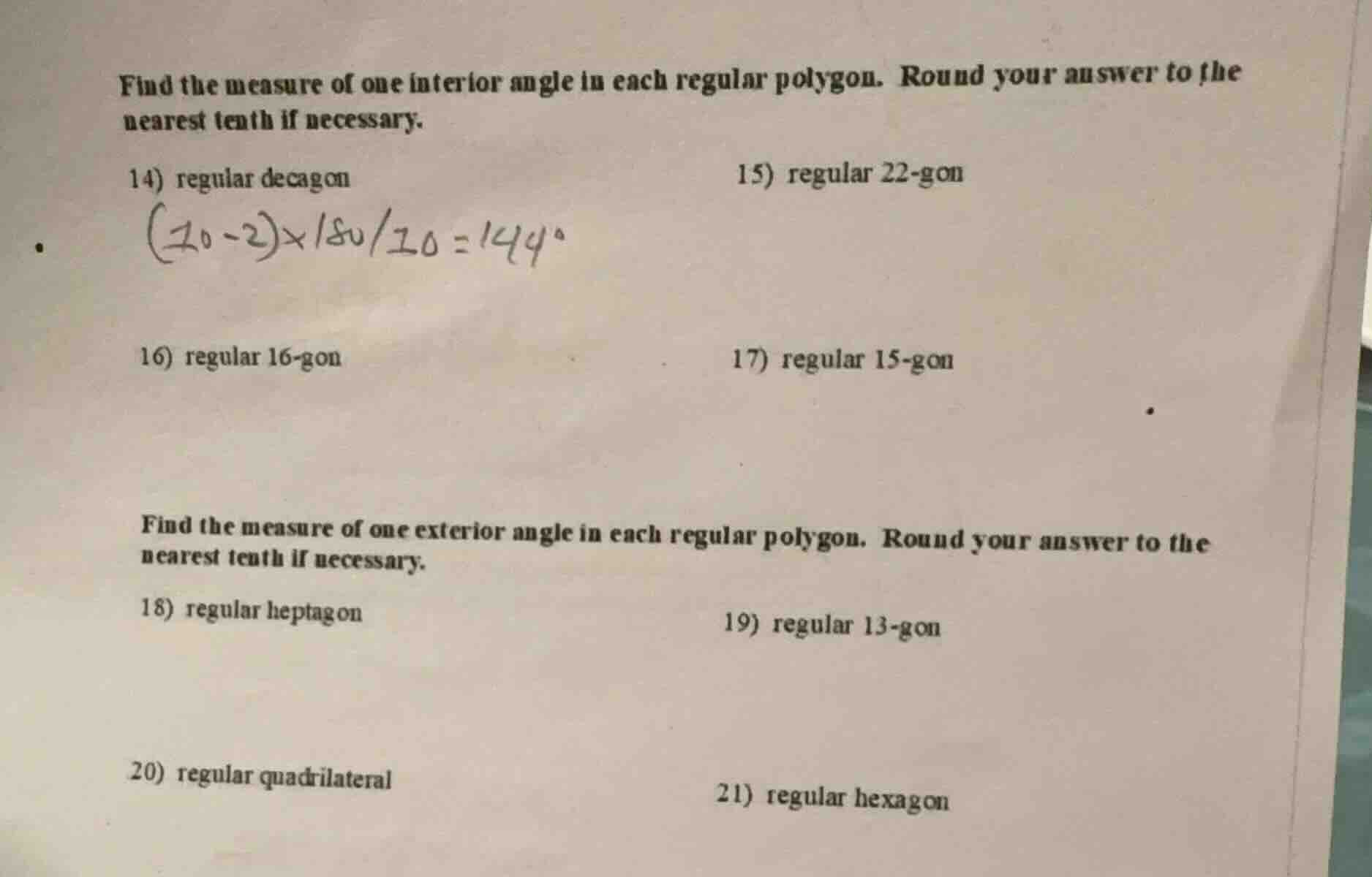 find the measure of one interior angle in each regular polygon. round y…