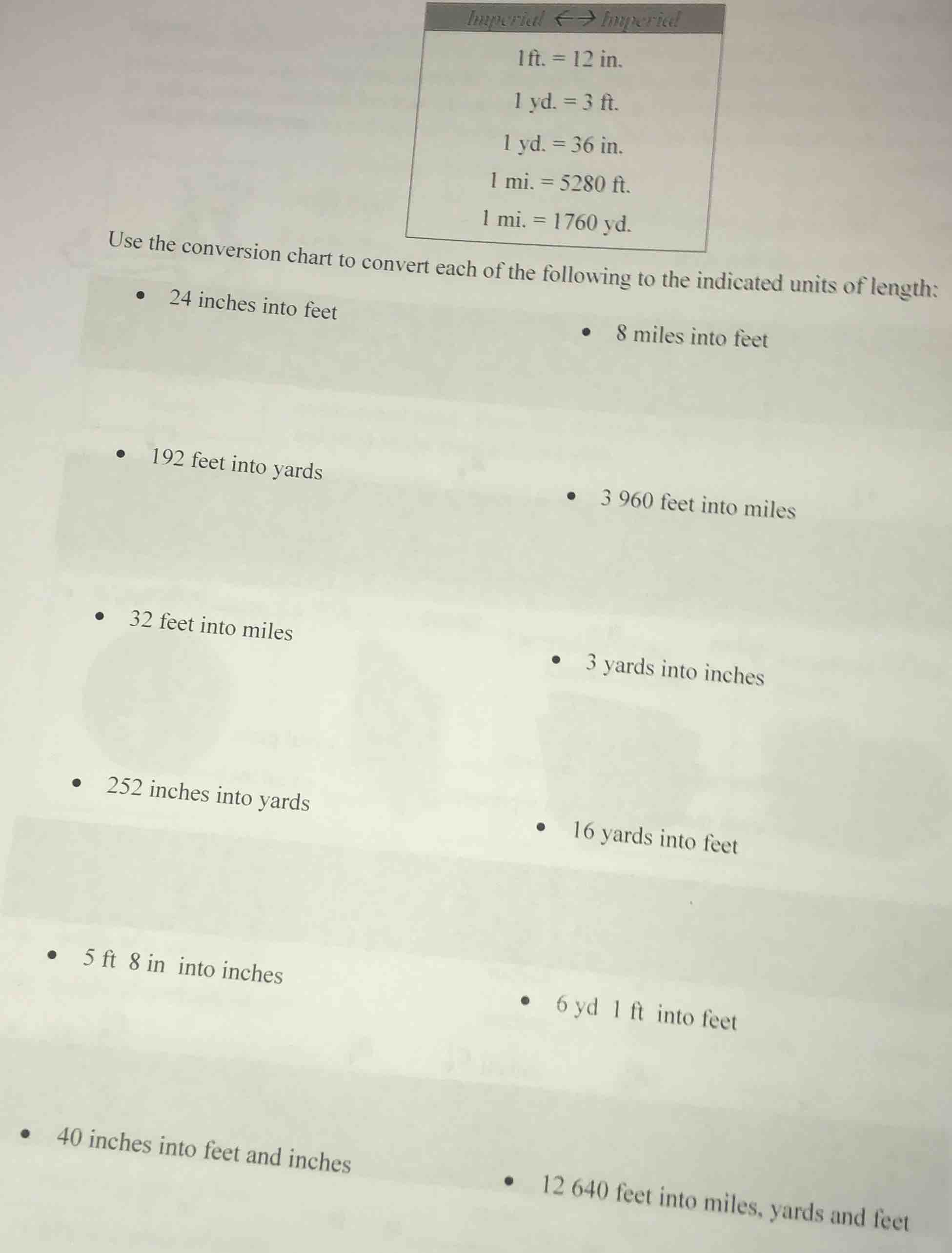 imperial ↔ imperial 1ft. = 12 in. 1 yd. = 3 ft. 1 yd. = 36 in. 1 mi. = …