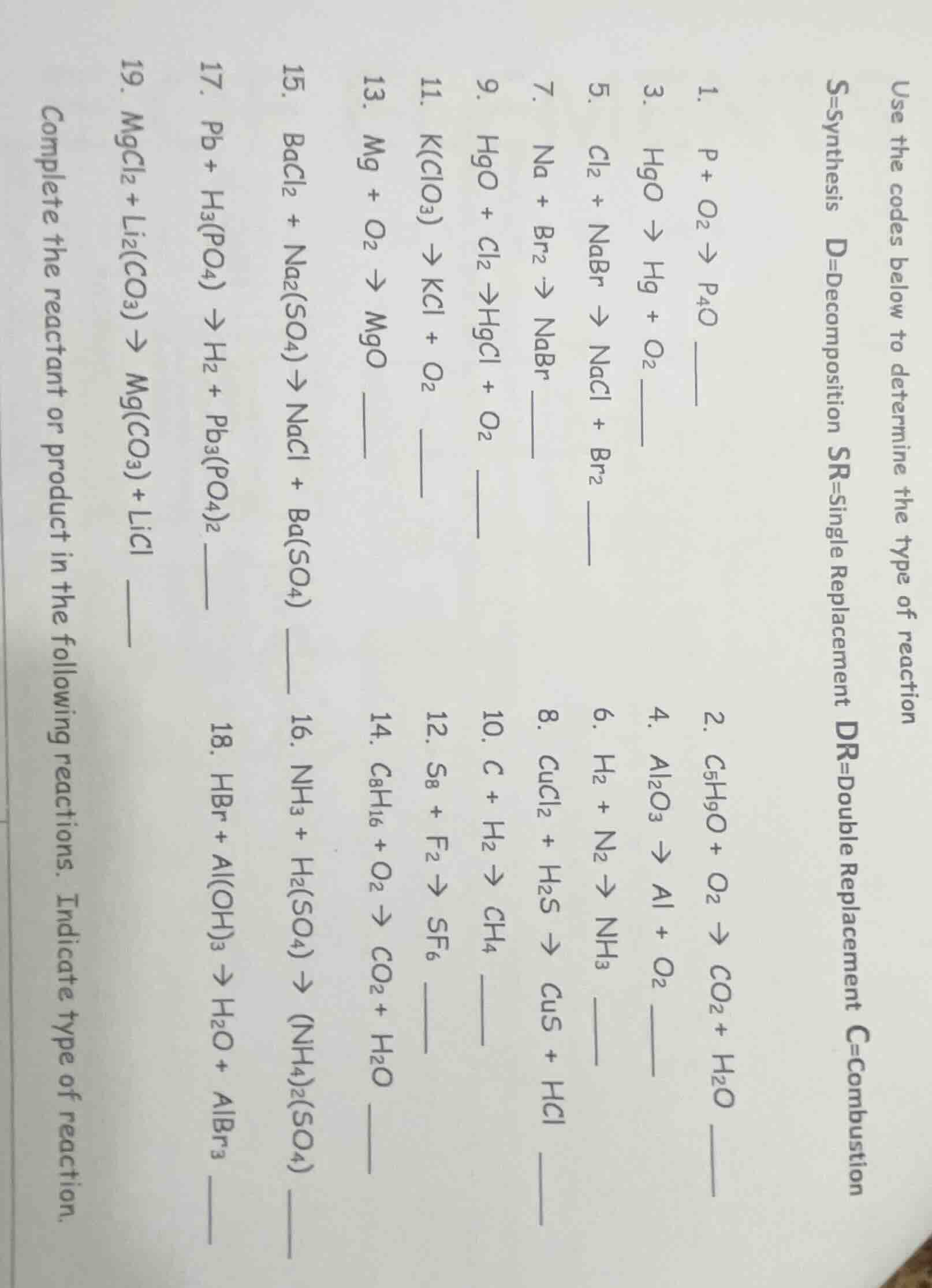 use the codes below to determine the type of reaction s=synthesis d=dec…