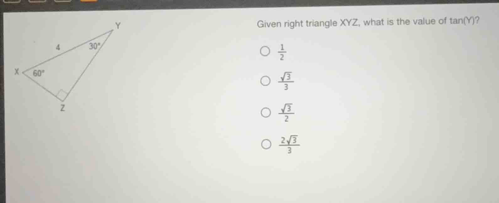 given right triangle xyz, what is the value of tan(y)? \\(\\frac{1}{2}\…